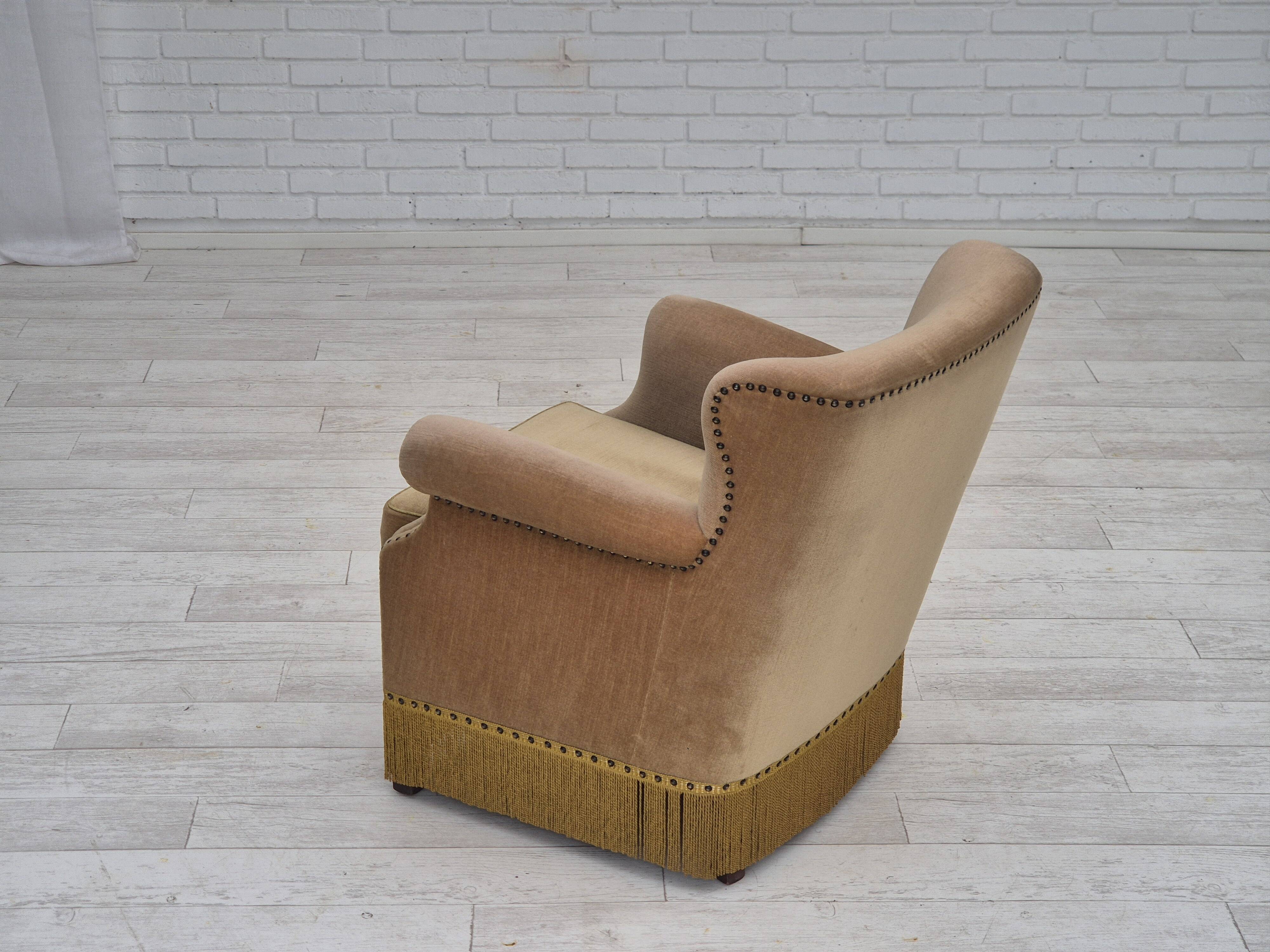 1960s, Danish lounge chair, green furniture velour, original condition.