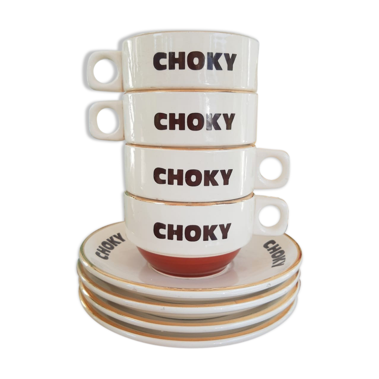 Ensemble de 4 tasses et 4 sous-tasses chocolat Choky bistrot publicitaire - vintage