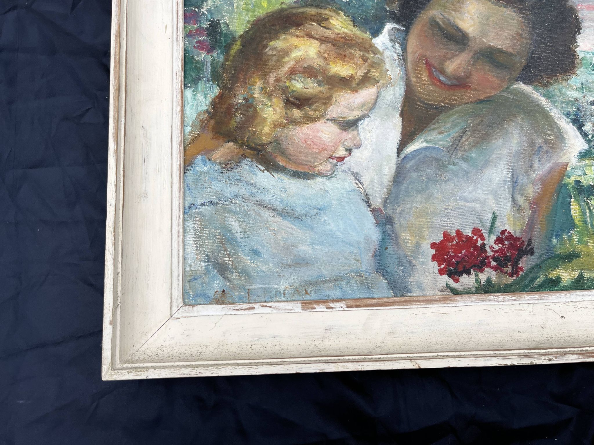 Tableau ancien, mère et enfant, style impressionniste début XXe