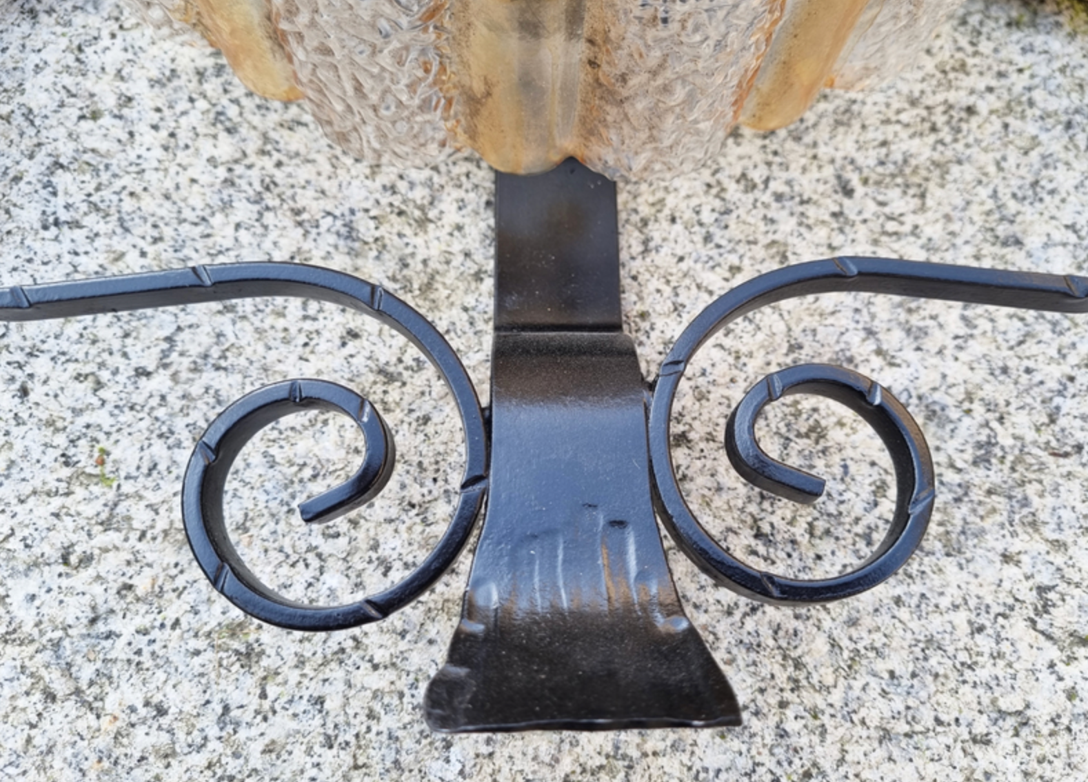 Pair of round bubble ceiling lights, amber and iridescent, wrought iron structure, vintage 50s