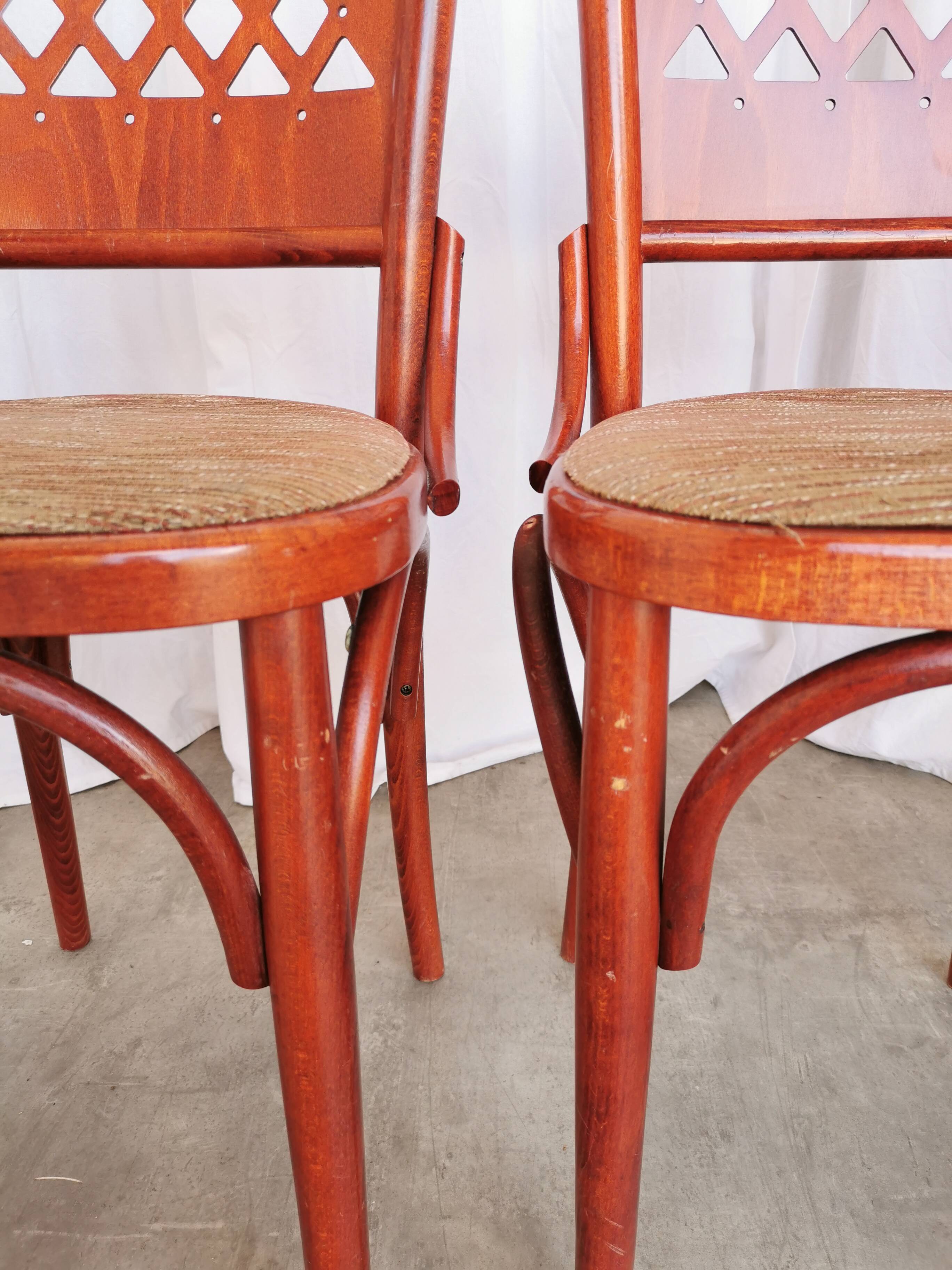 Vintage Italian Bistro Chairs - 1980s Reddish Wood, Brown Fabric - Set of 4