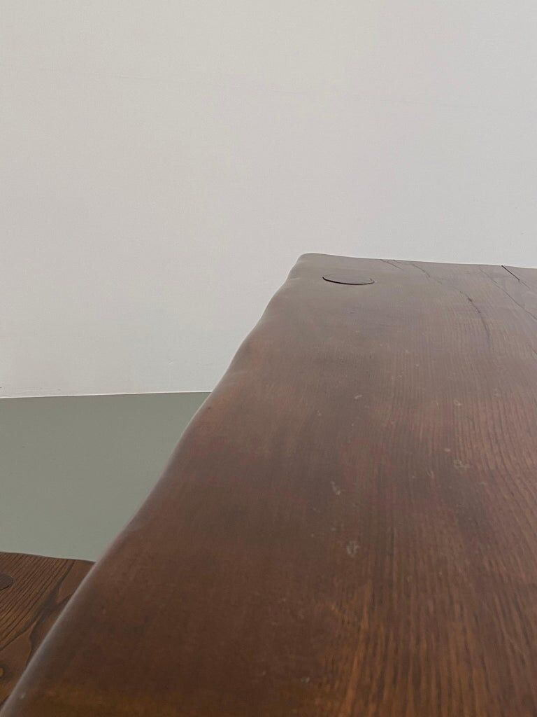 Solid elm dining set including 6 stools France 1970s