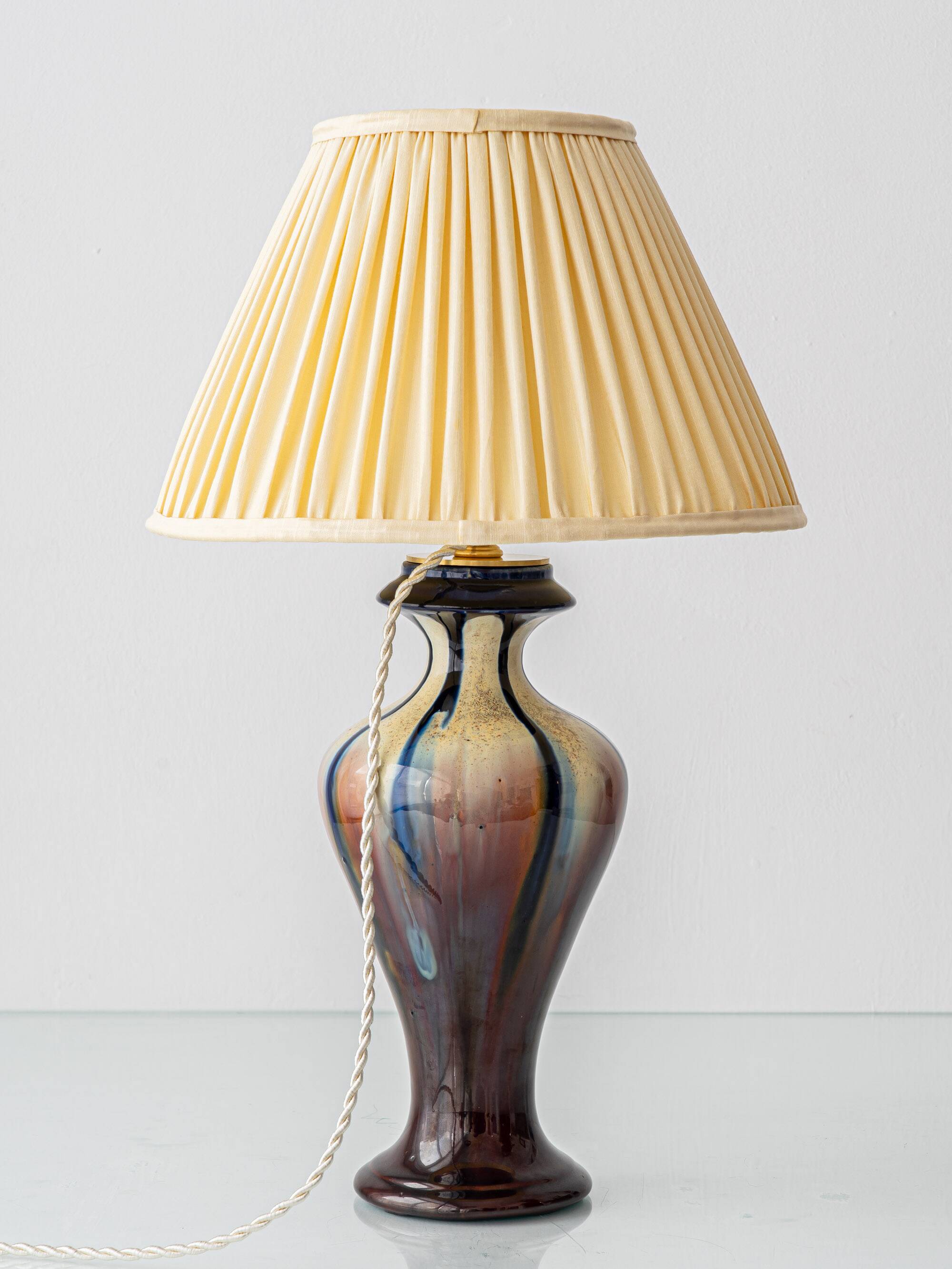 Belgian Art Deco Ceramic Table Lamps, Pair, Flambé Drip Glaze, New Silk Shades