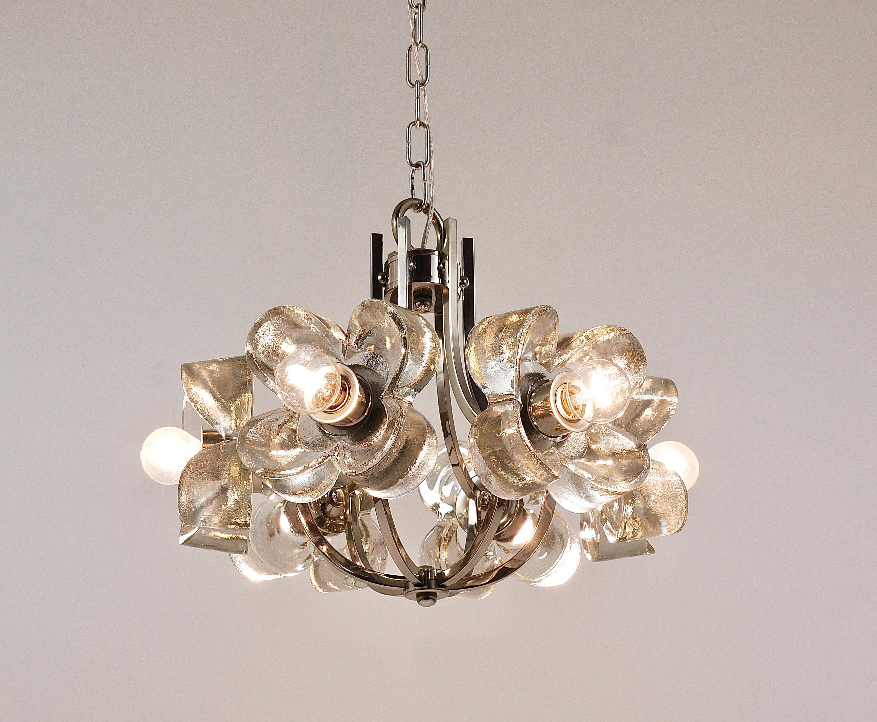 Crystal Glass Flower Pendant Light in Kalmar Style by Sische, Germany, 1970s