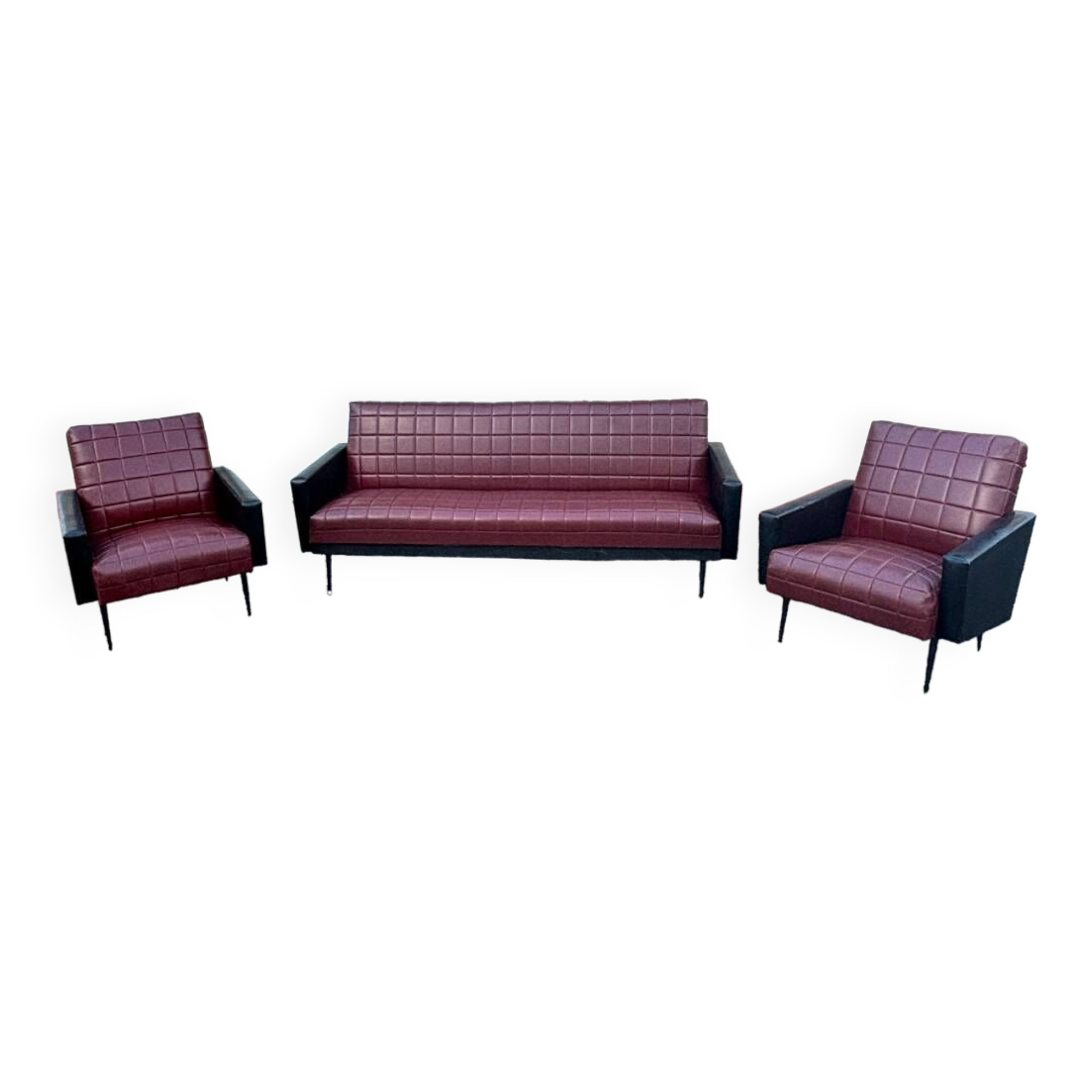 Vintage 70s red and black embossed sofa armchair set