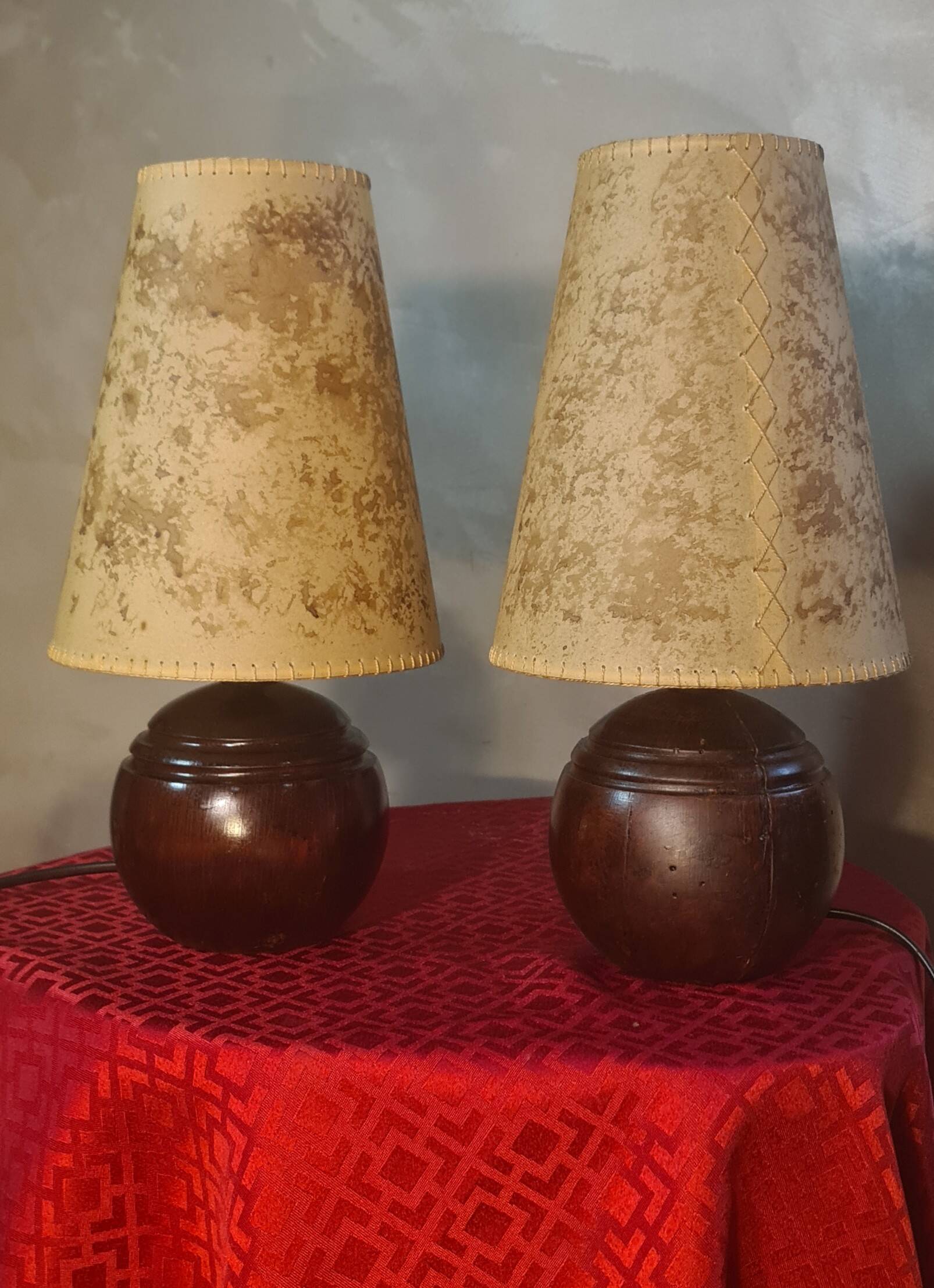 Pair of wooden ball lamps 1960 parchment lampshades electric redone 33x17