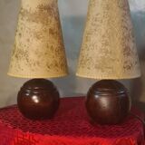 Pair of wooden ball lamps 1960 parchment lampshades electric redone 33x17