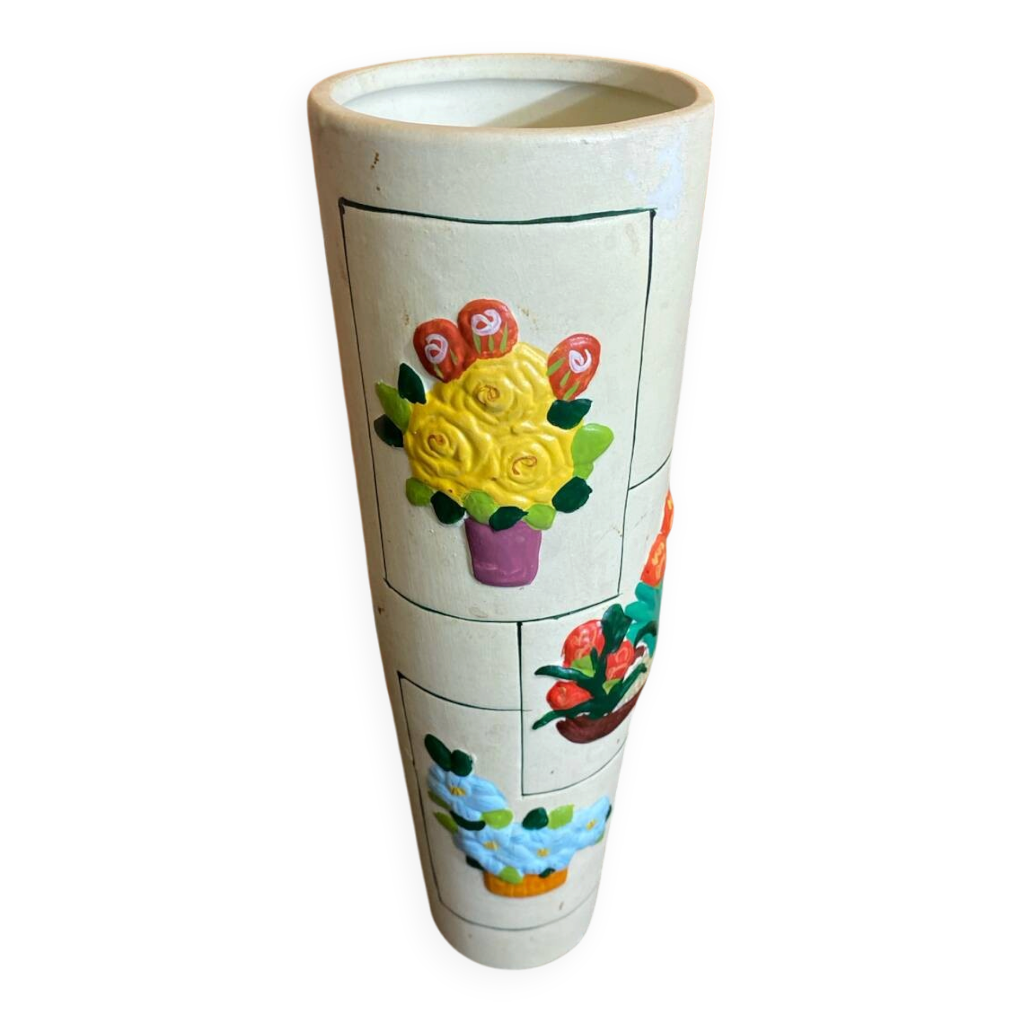 Old Rolled Vase Beige Ceramic Polychrome Flower Decor Vintage #D