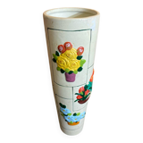 Old Rolled Vase Beige Ceramic Polychrome Flower Decor Vintage #D