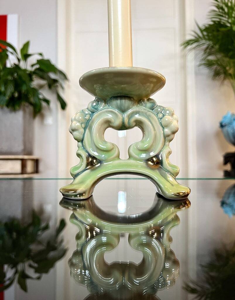 Paire de bougeoirs vintage - faïence céramique verte et bleue - bougies décoration