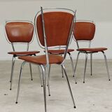 Set of 4 French chairs in camel brown imitation leather and chrome 1960