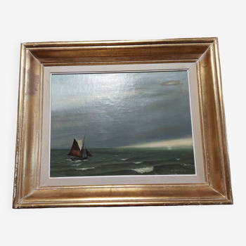 Tableau peinture huile sur toile marine signature à identifier