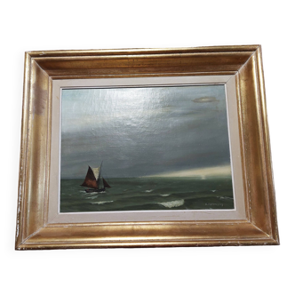 Tableau peinture huile sur toile marine signature à identifier