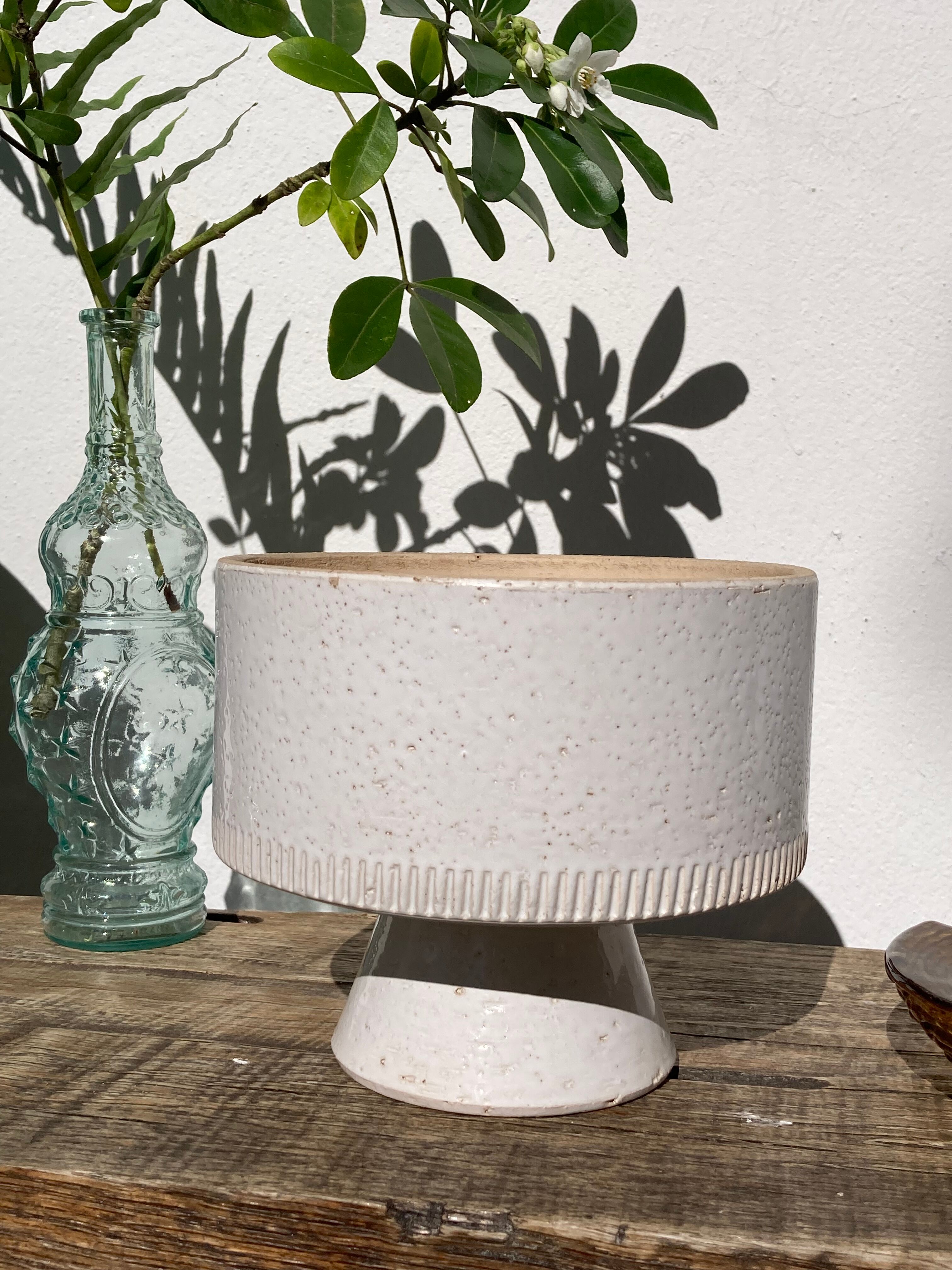 Ethnic standing cup in white glazed ceramic vintage vase