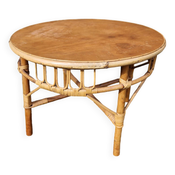 Table basse ronde en rotin 1970's