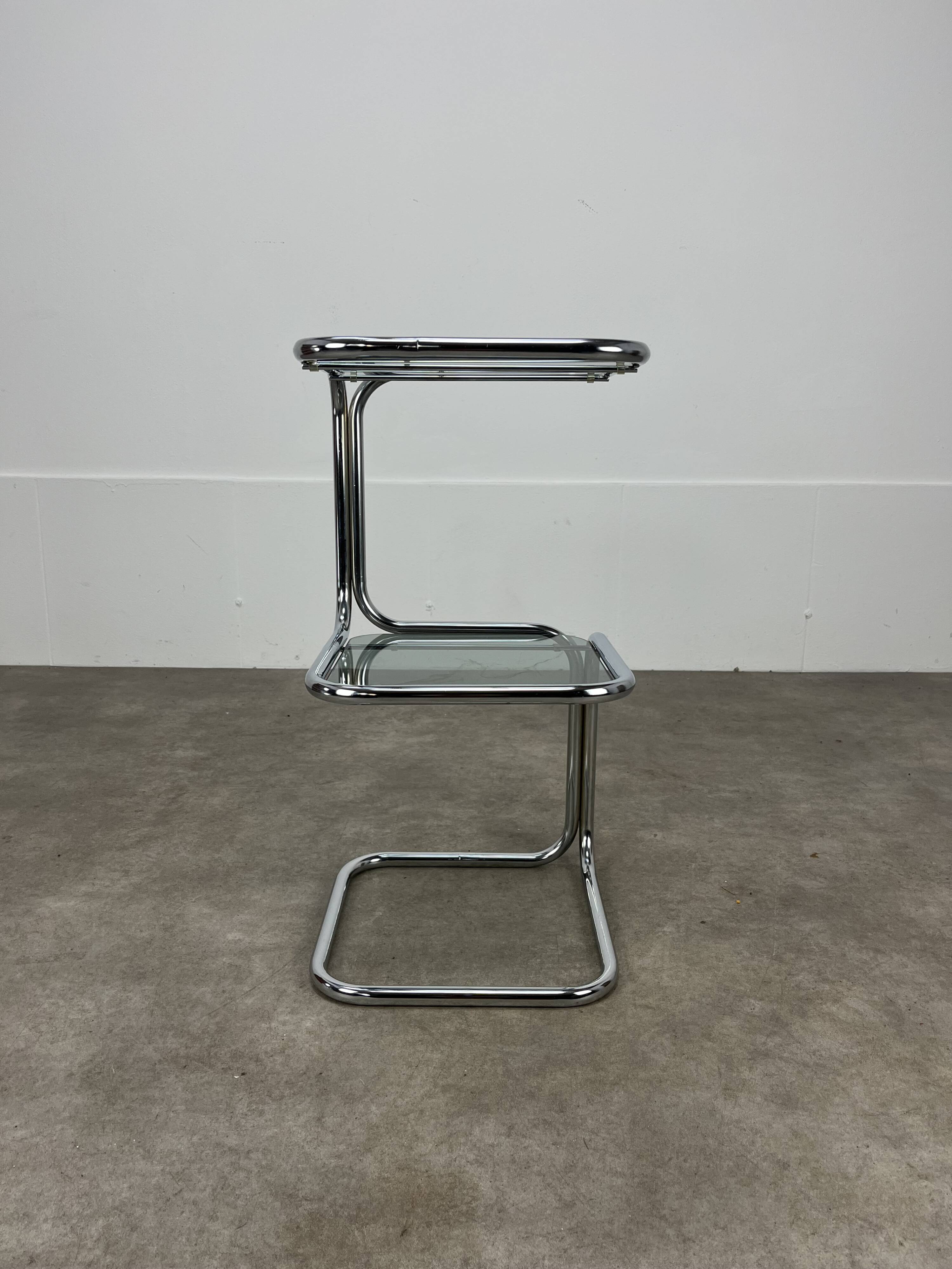 70s pedestal table, chrome and smoked glass side table