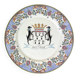 Brittany early 20th century: huge dish with coats of arms and dogs with hand-painted decorations circa 1930-1950