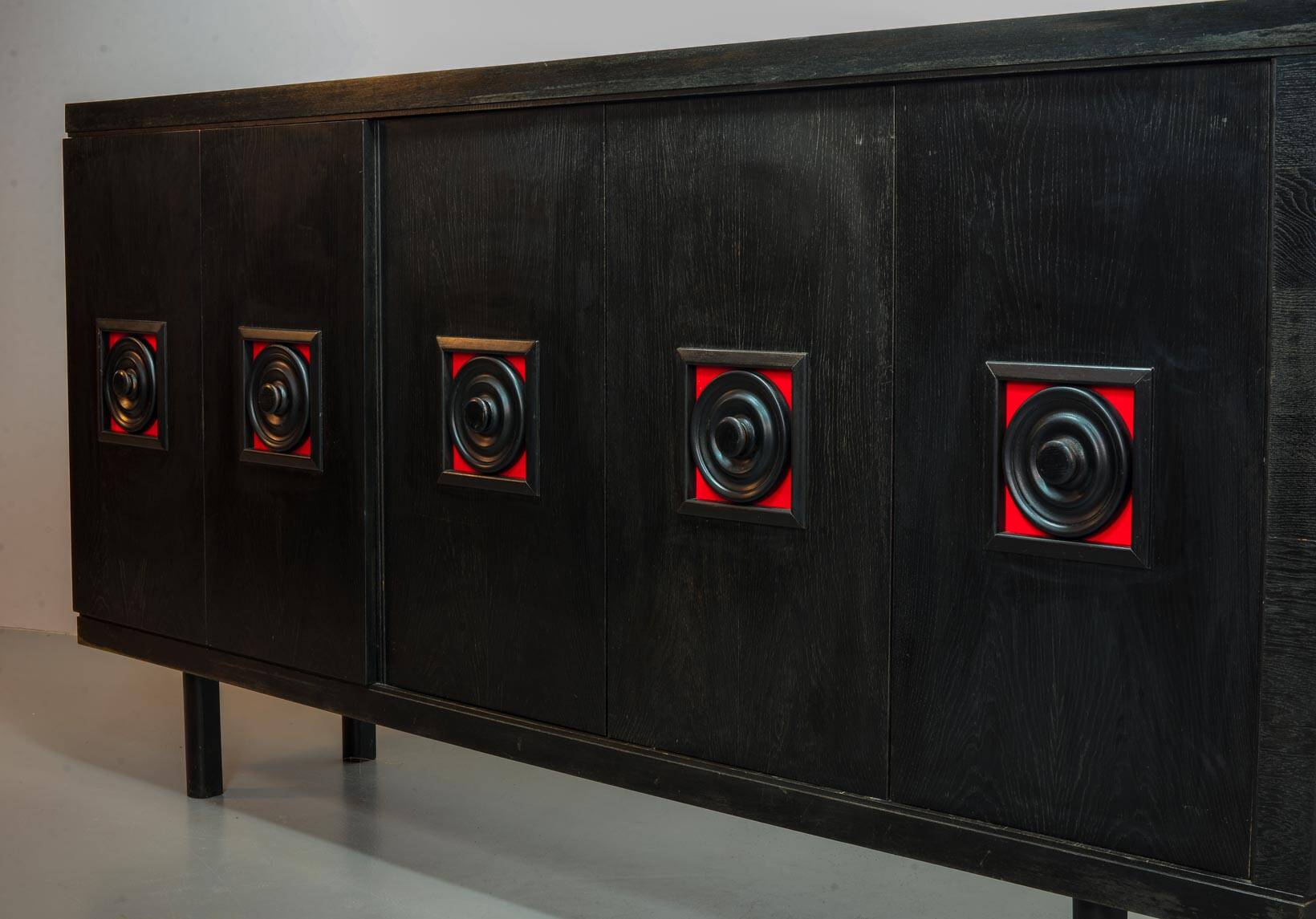 Large Brutalist Black Highboard with Red Accents Belgium 60s