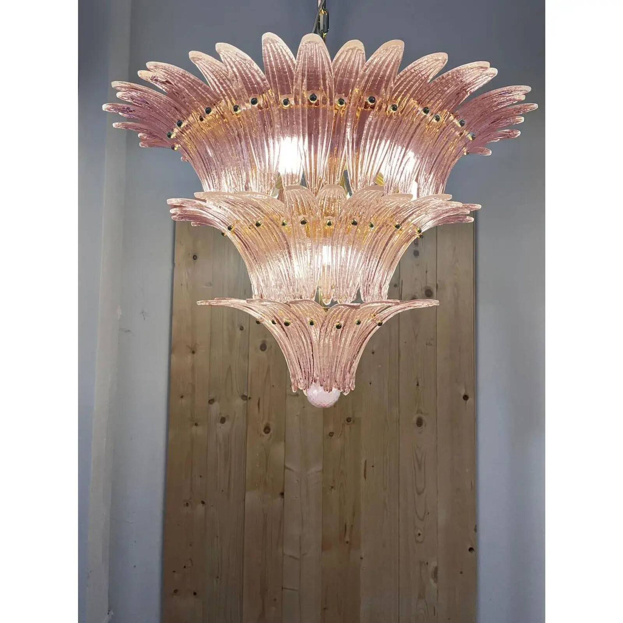 Pair of Iconic Mid-Century Modern Pink “Palmette” Murano Glass Chandeliers