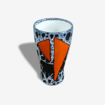 Vase design en céramique émaillée noire et orange, vintage 1950/1960