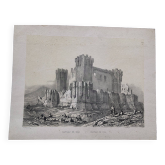 Engraving mid-19th century chateau de coca castillo spain, drawing villa-amil, litho lemercier arnout hauser