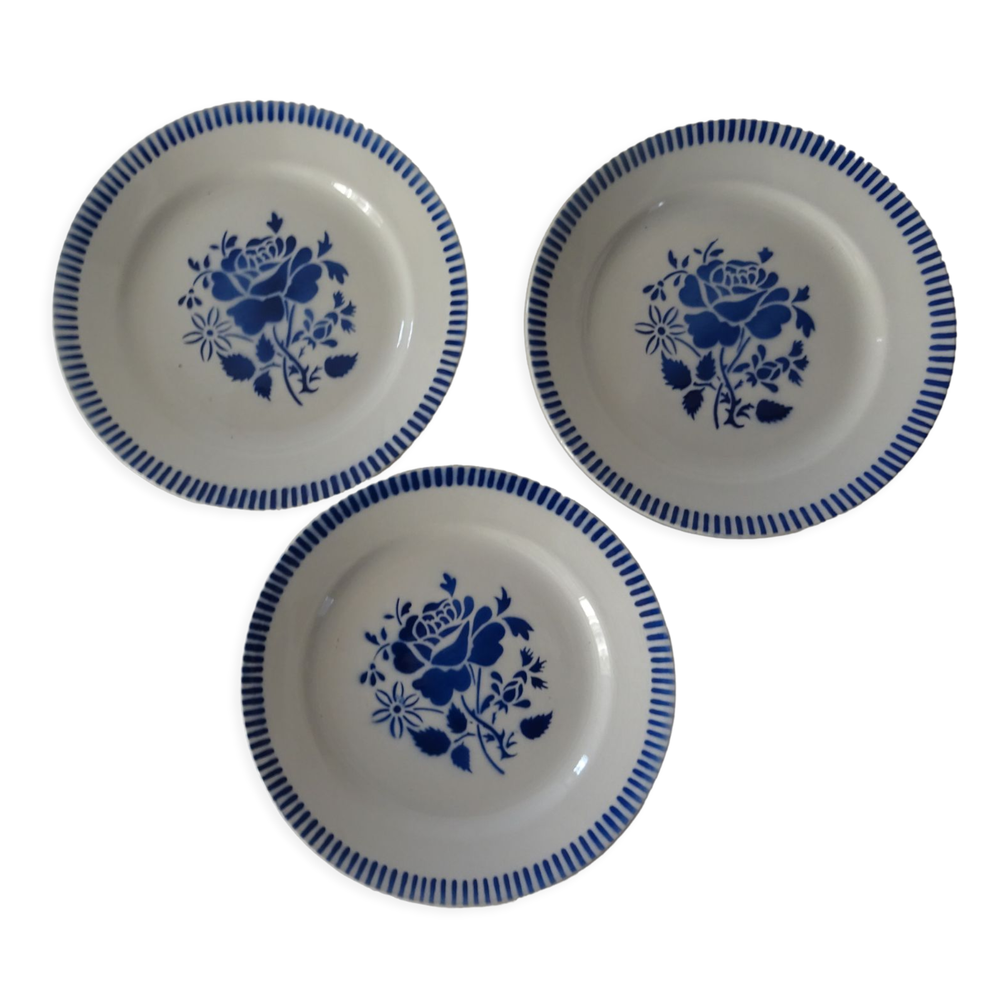 3 EVIAN flat plates old earthenware 482112 Luneville pink blue