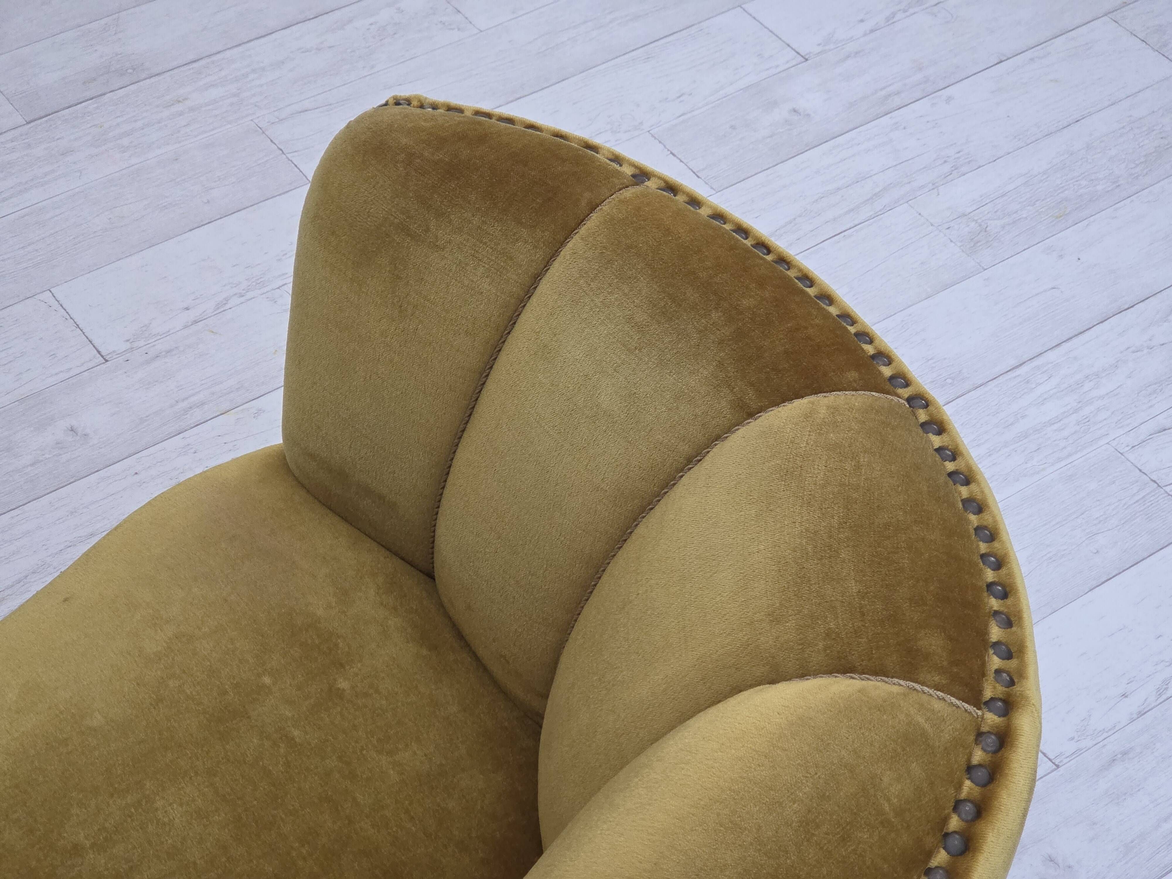 1960s, Danish 2-seater "Banan" sofa, green furniture velour, oak wood.