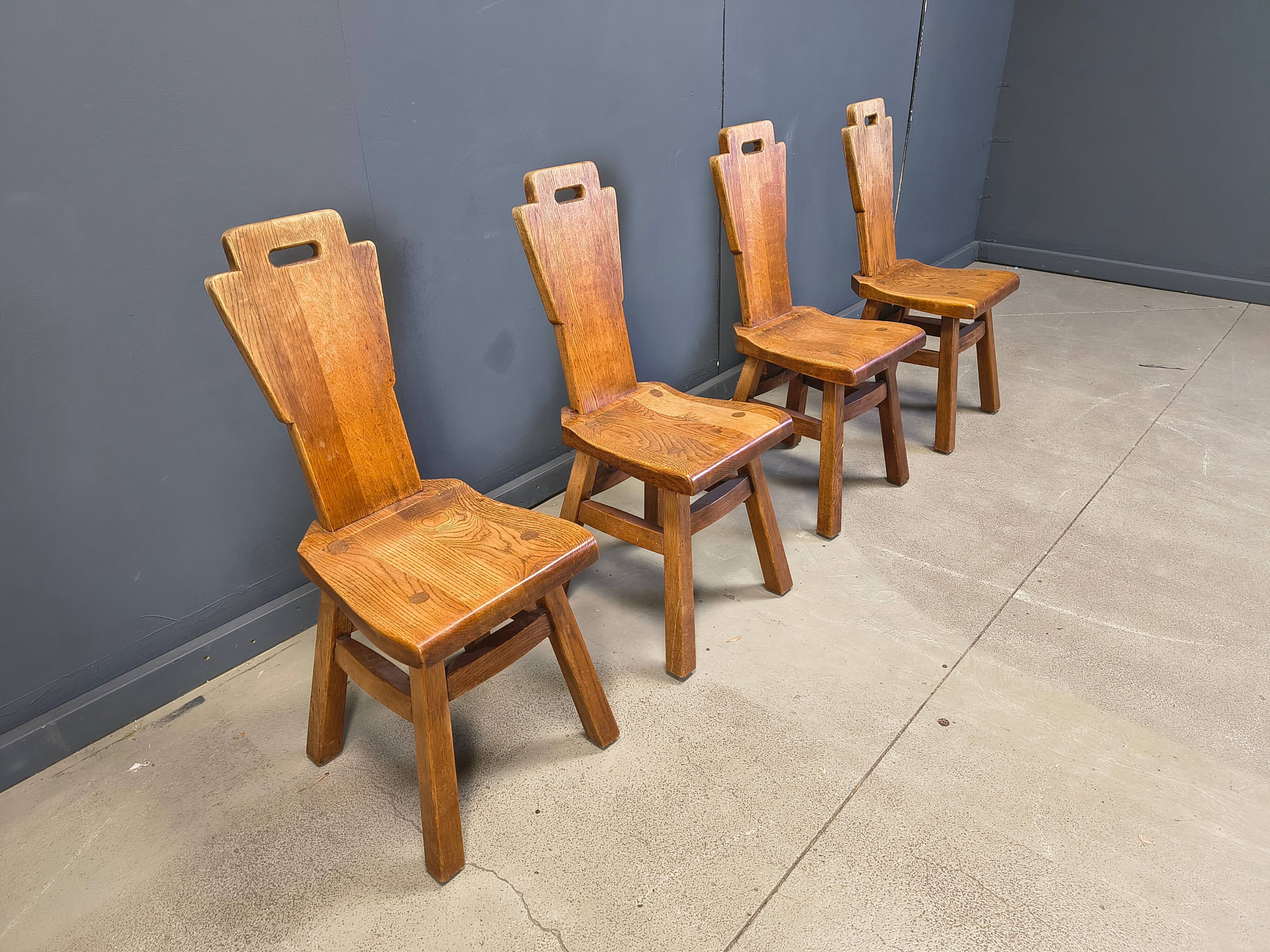 Vintage oak brutalist chairs, 1970s set of 4