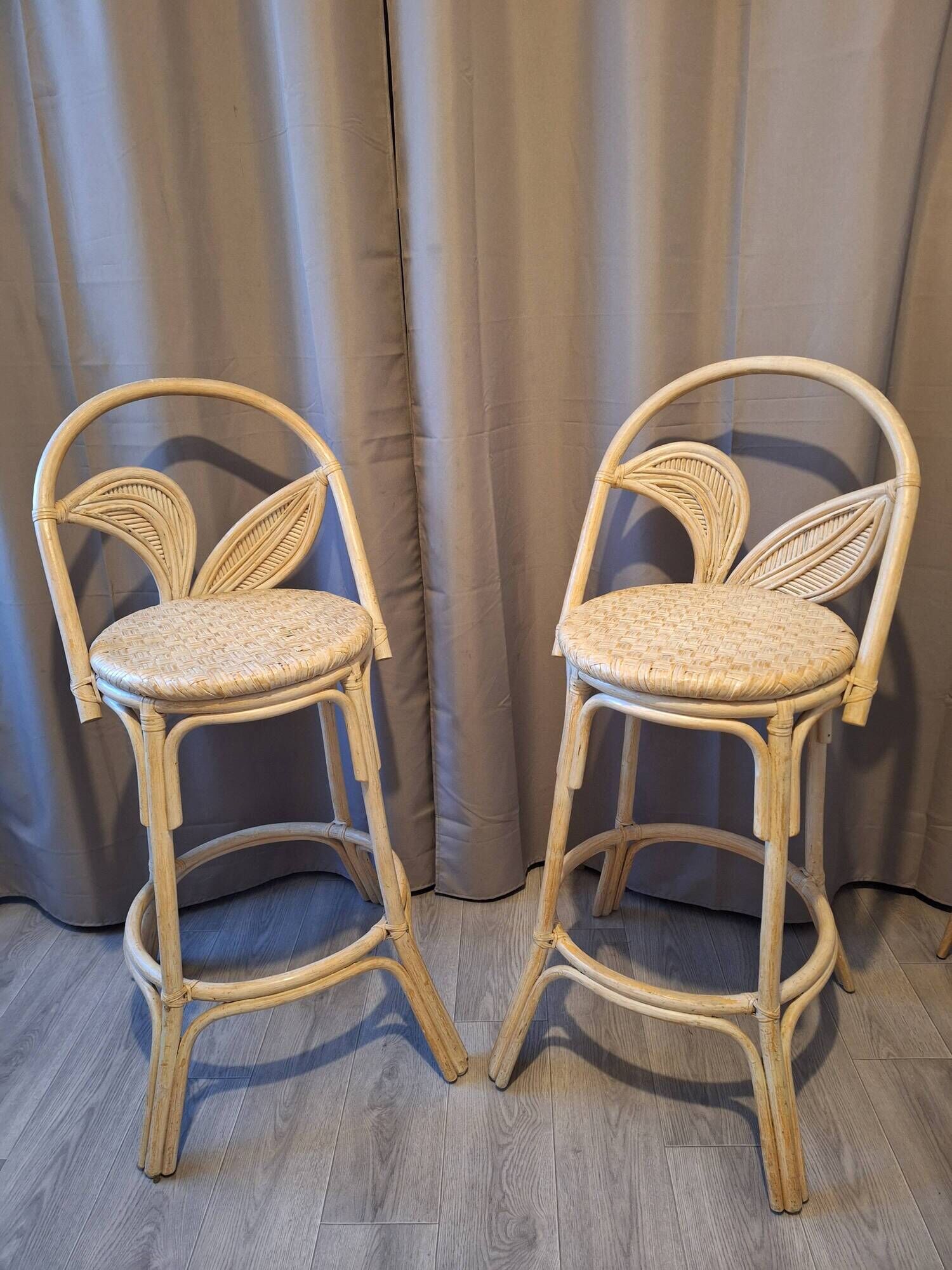 Pair of vintage high stools in rattan — 1960s — Riviera spirit