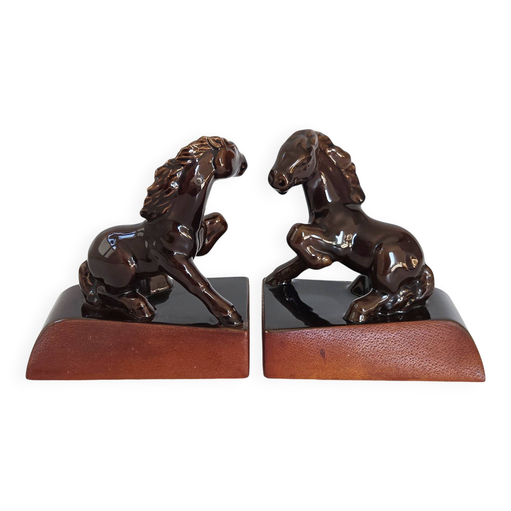 Pair of vintage leather & ceramic bookends