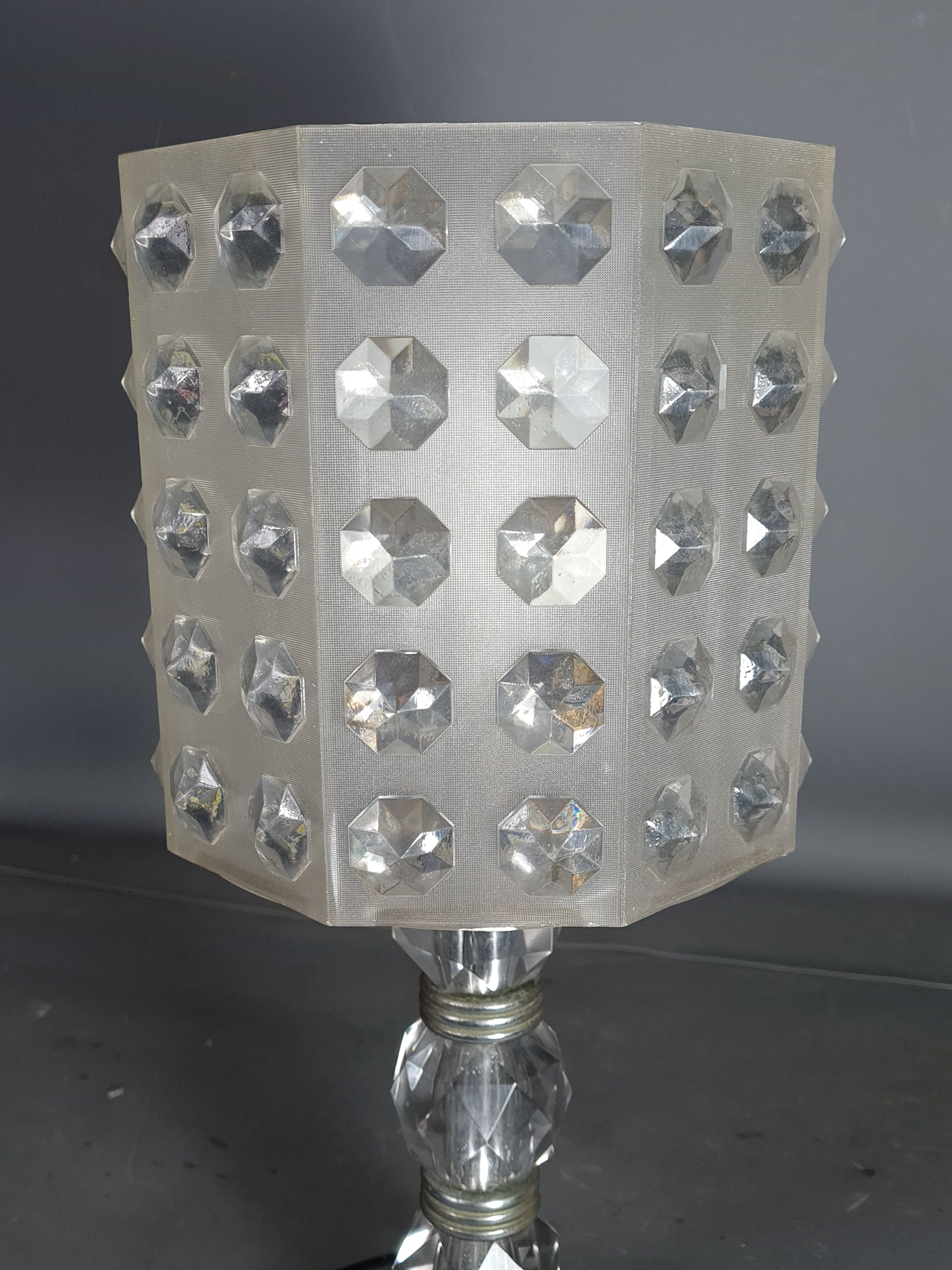 Table lamp foot glass & diamond plastic lampshade Vintage 50-60