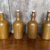 Set of 4 Old Beige Stoneware Bottles + Vintage Porcelain Stopper
