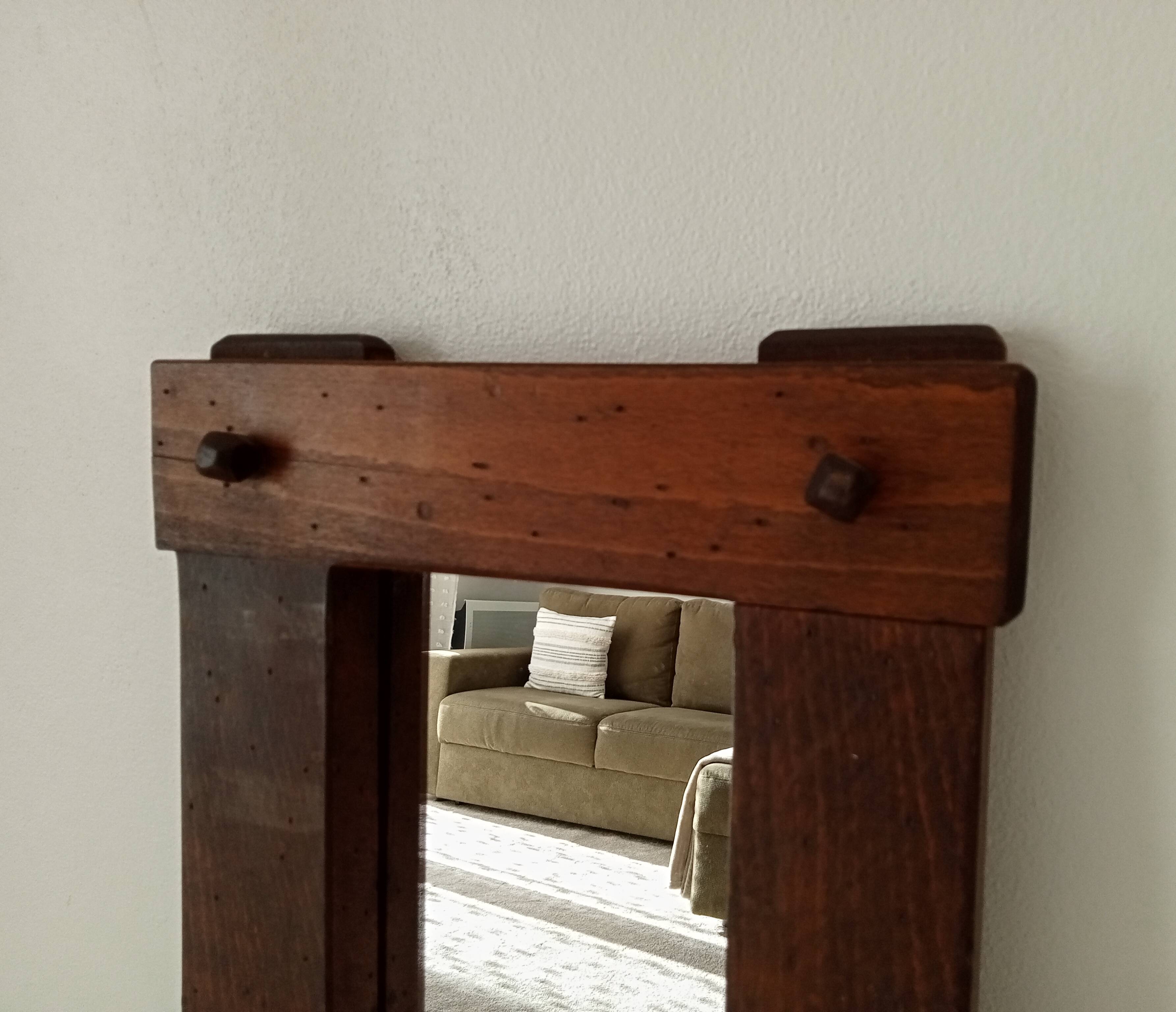 Miroir brutaliste vintage en chêne massif