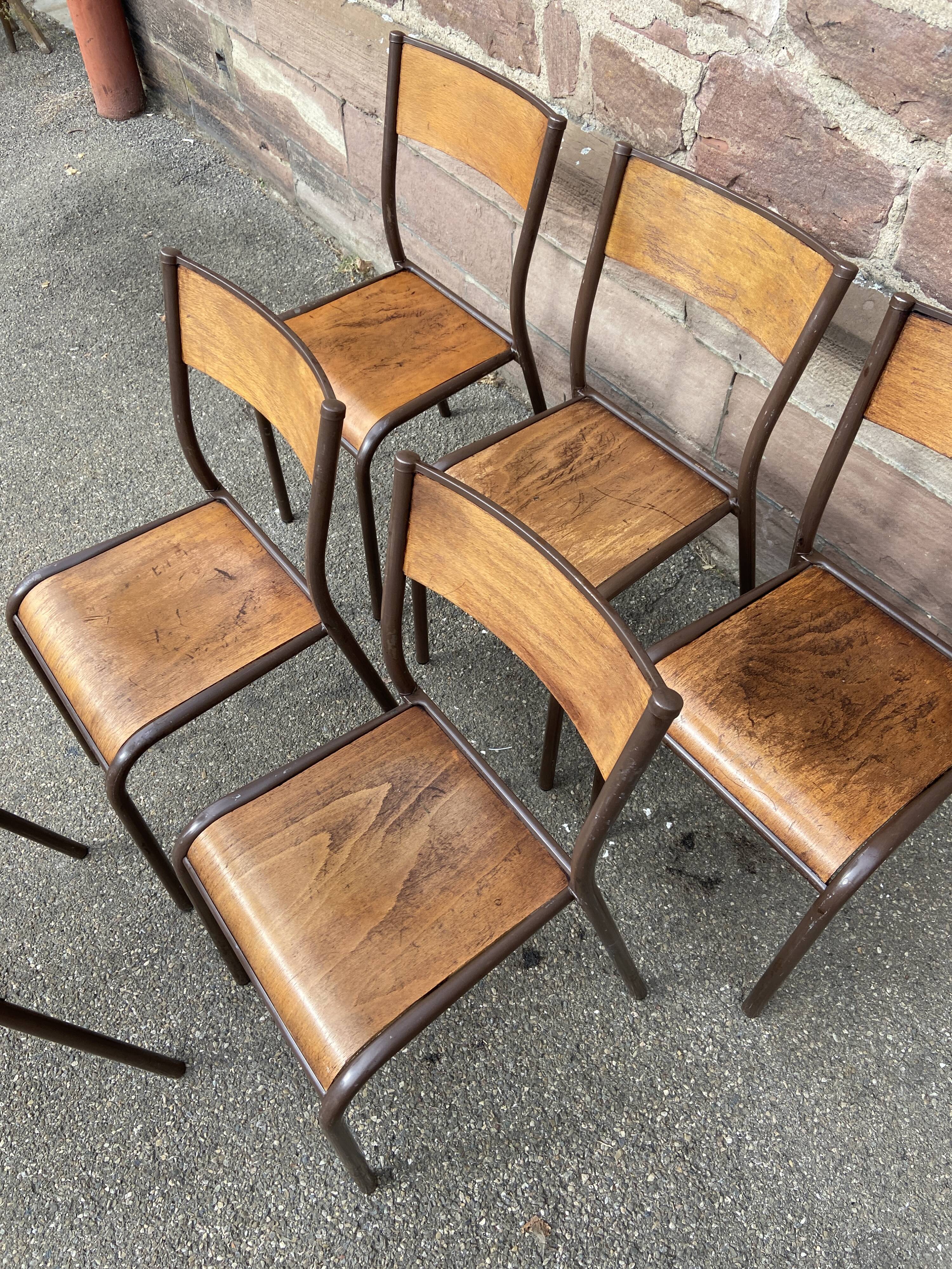 Set of 6 vintage industrial school chairs for communities mullca delagrave tube & wood