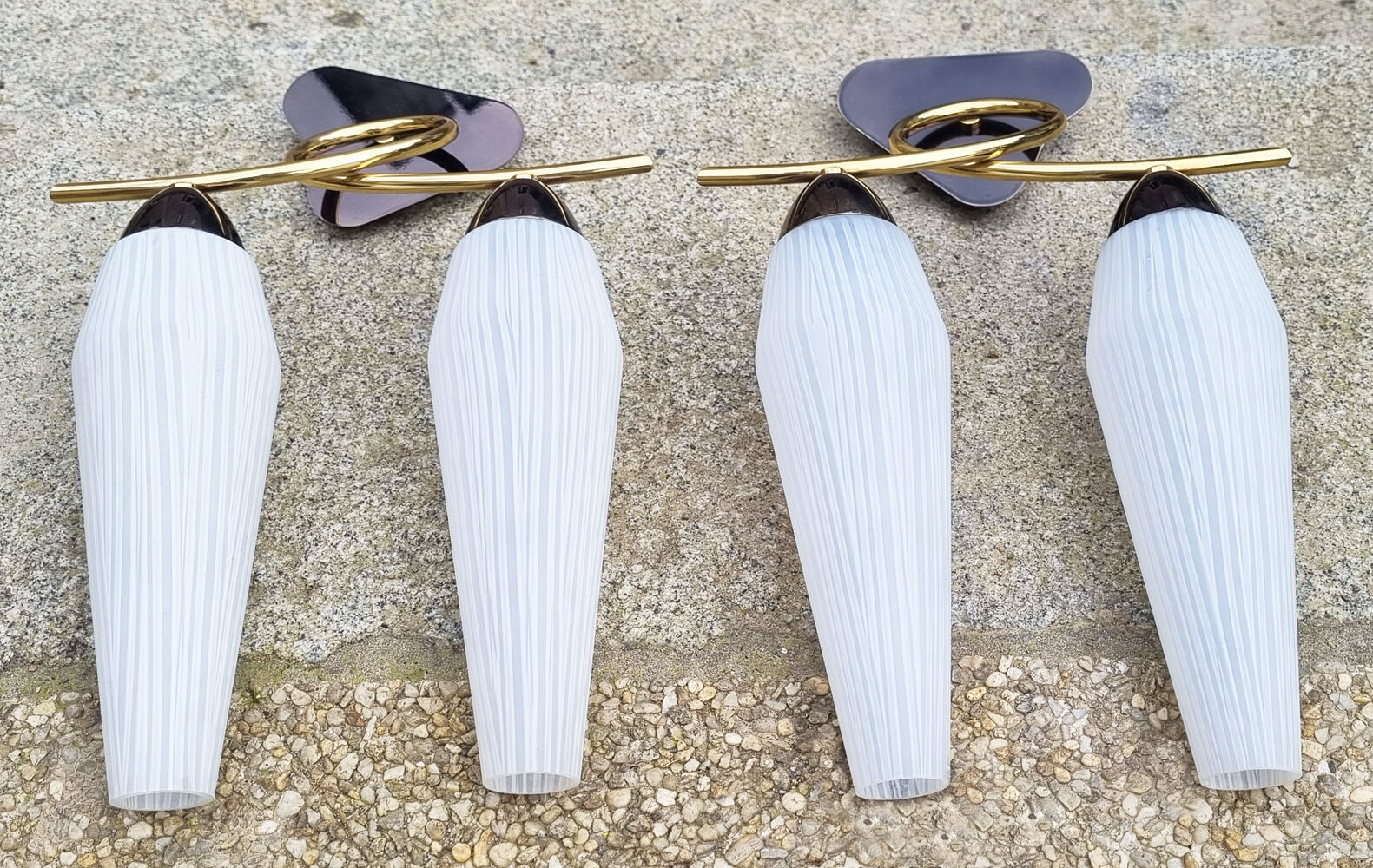 Pair of wall lamps, brass and opaline, vintage, Maison Lunel, 50s