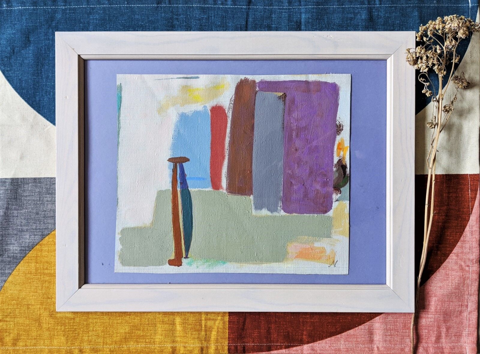 Vintage mid century abstract framed oil painting - purple abstraction