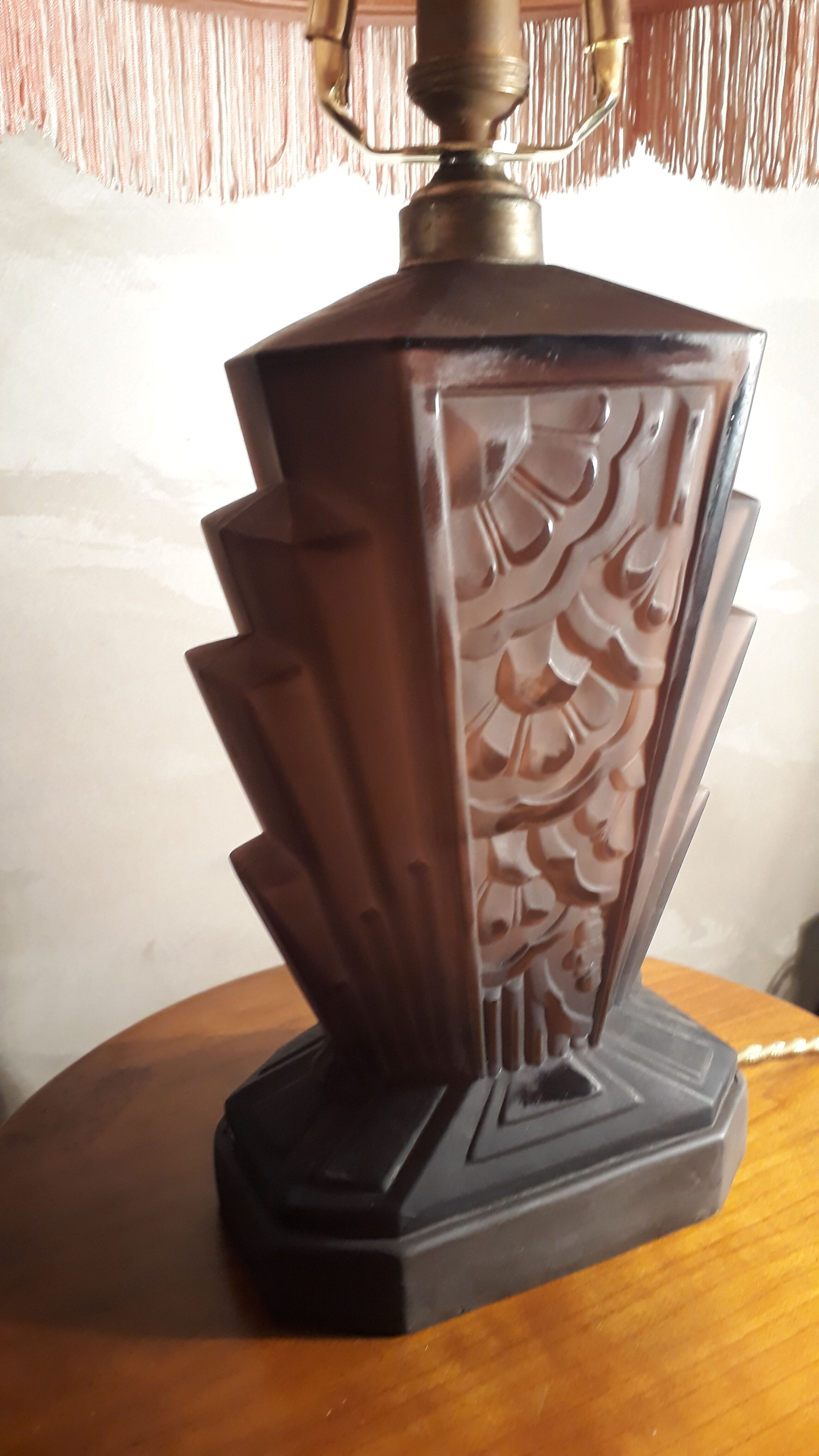 Pressed moulded glass lamp of chocolate art deco non sign muller schneider