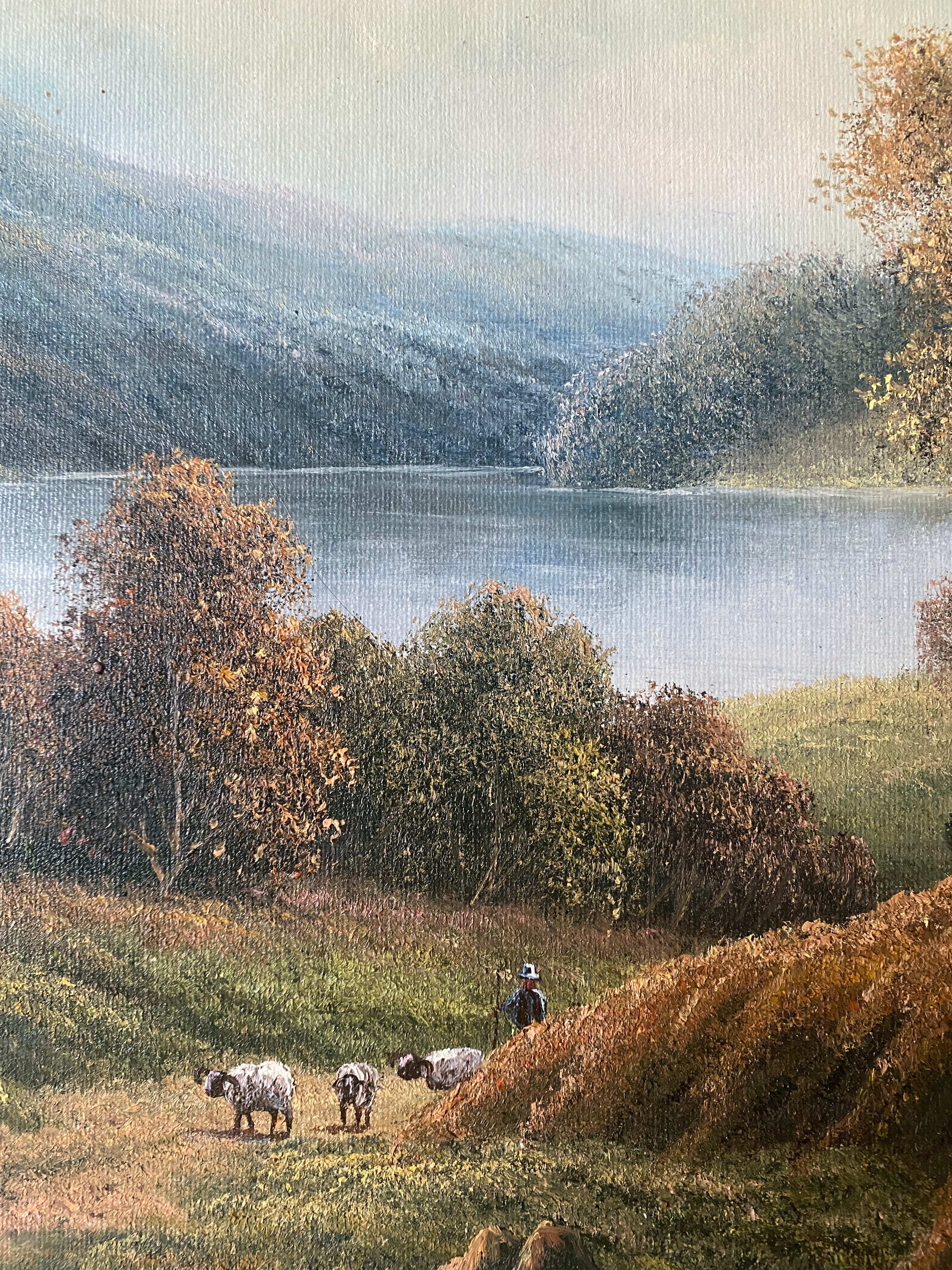 Table HST "animated pastoral landscape" HST signed (to be deciphered) + frame