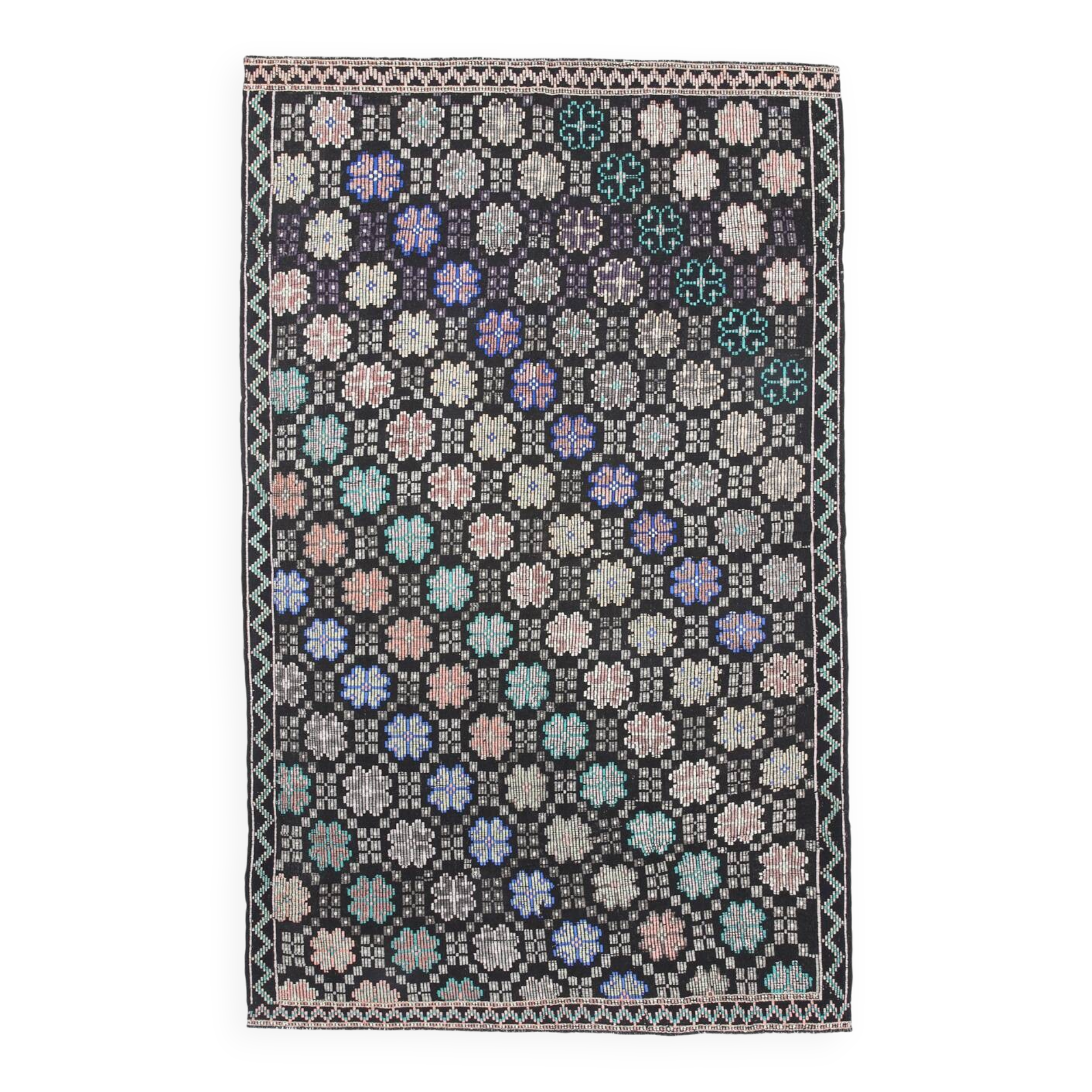 Blue & Black Handmade Wool Kilim Rug, 194x305Cm