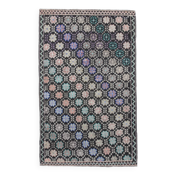 Tapis Kilim en laine bleu et noir fait main, 194 x 305 cm