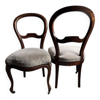 2 Antique Louis Philippe Style Chairs Covered in Plain Grey Velvet