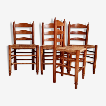 Série de 4 chaises paille, fabrication française, années 40