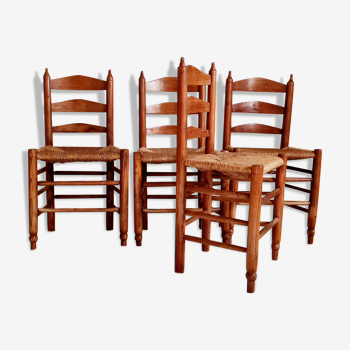 Series of 4 straw chairs, French manufacture, 40s