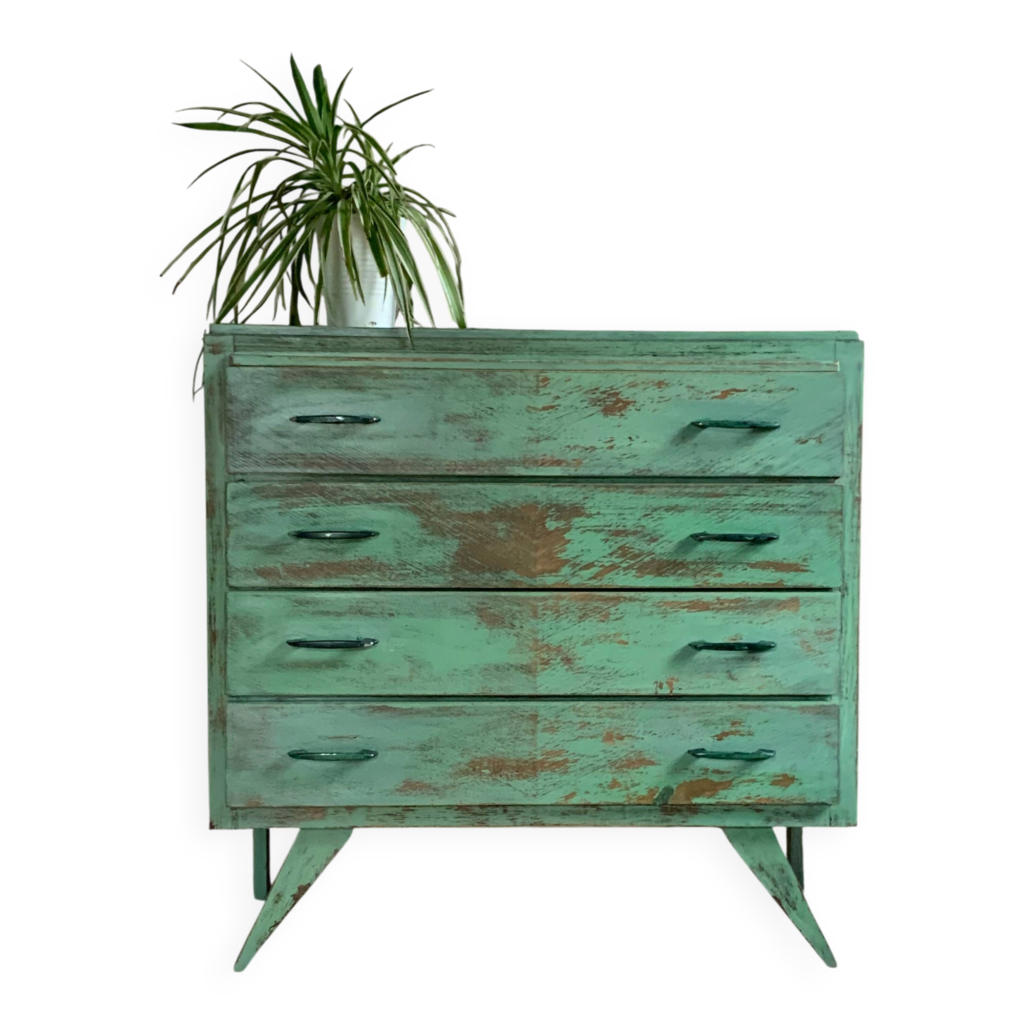 Vintage compass leg commode with a patina.
