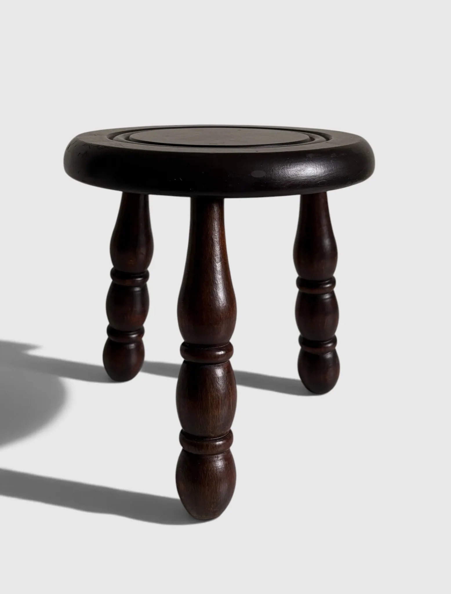 French Art Deco Tripod Stool in Chestnut, Attributed to Dudouyt, 1940s