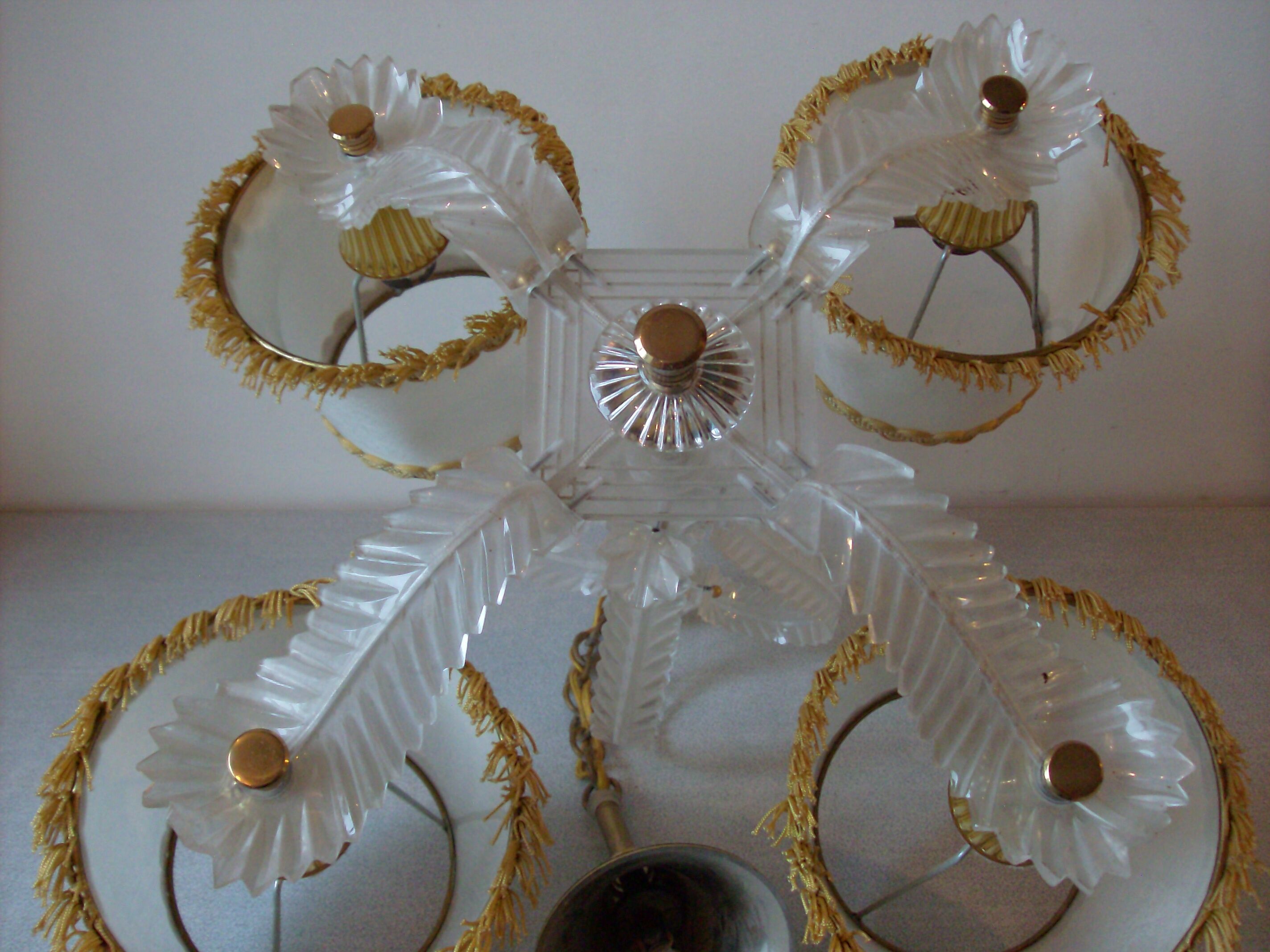 Old chandelier 4 lights plastic sheet and lampshade vintage lighting