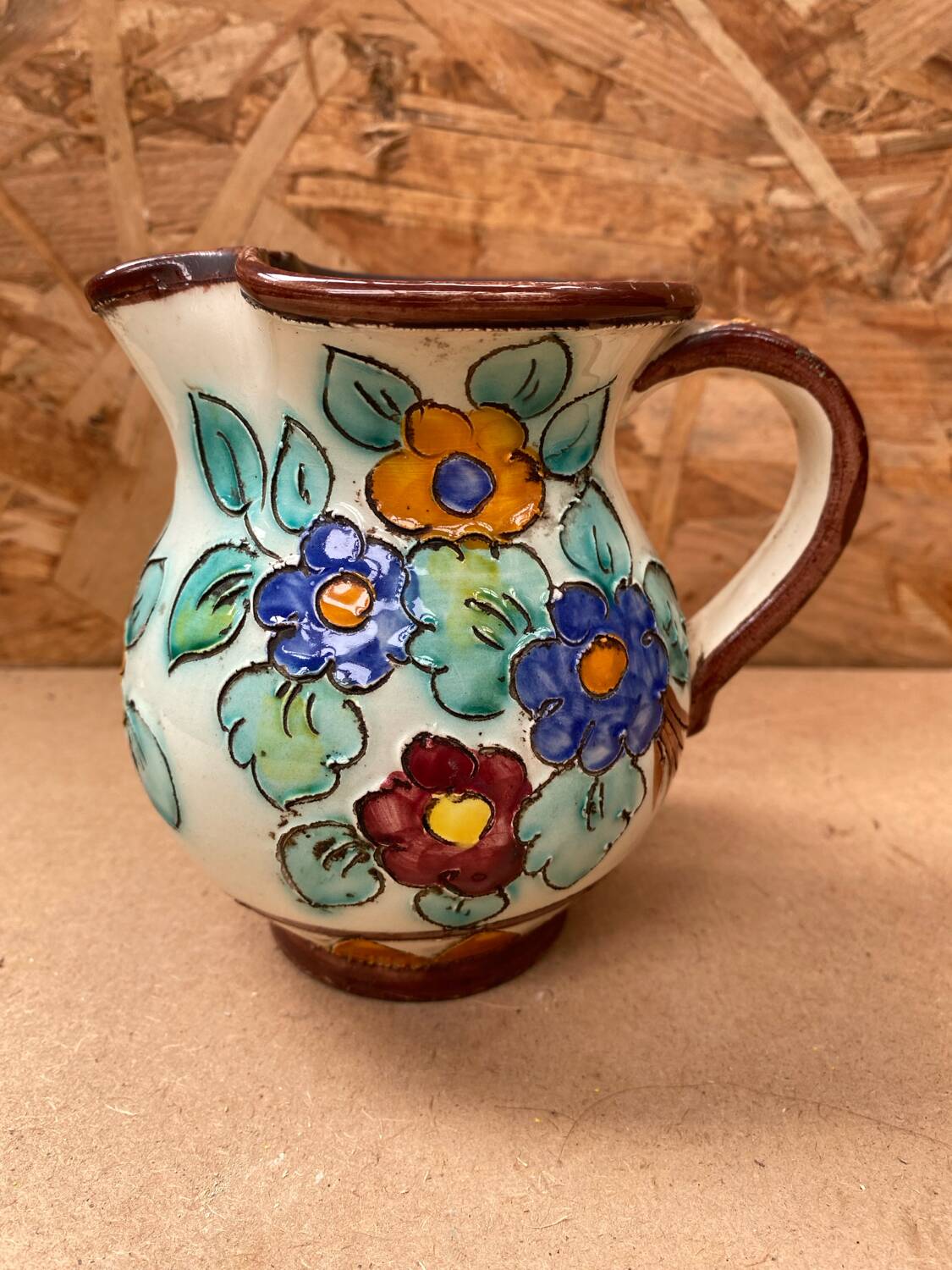 Antique cerart monaco ceramic pitcher chiseled flower decor 70's vintage