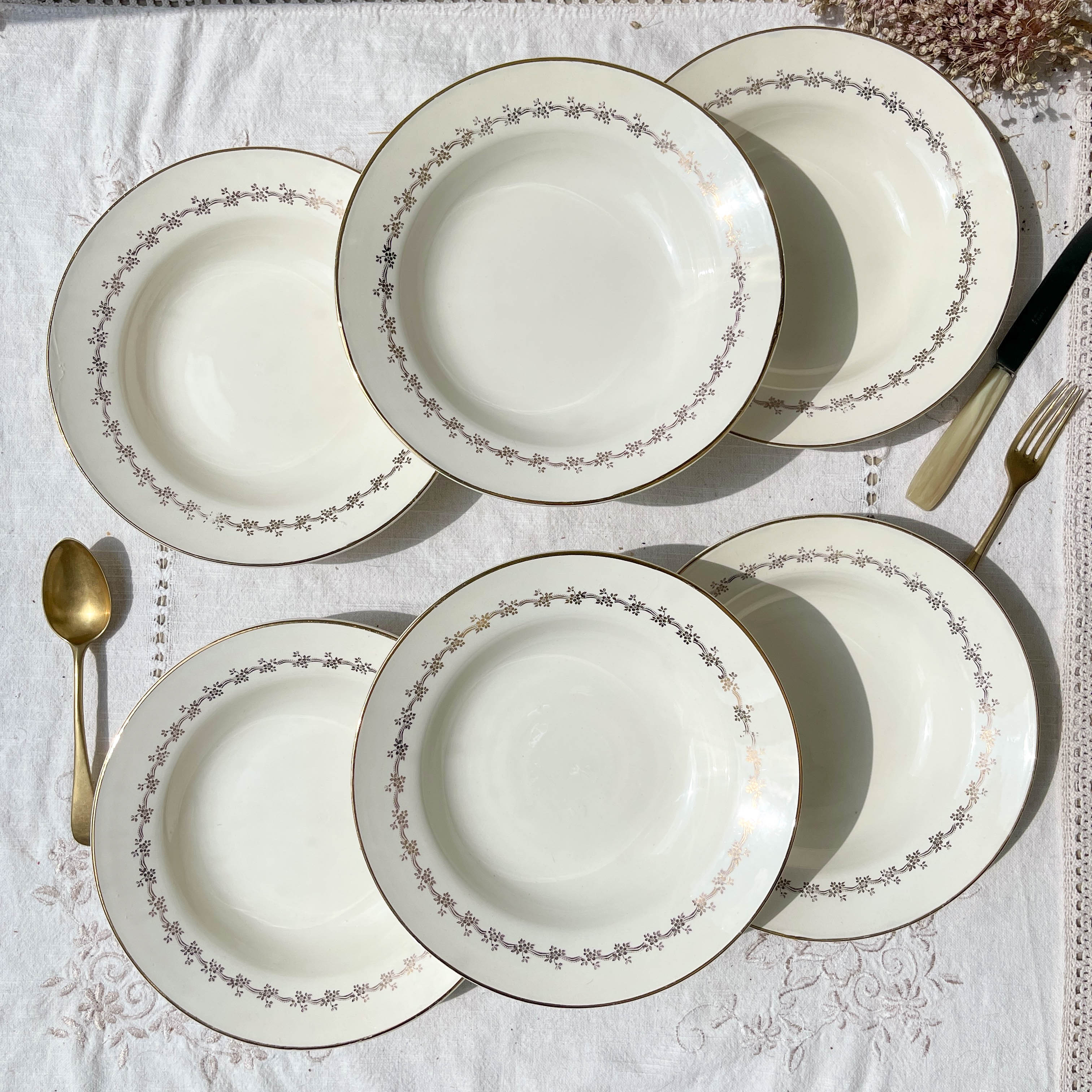 6 opaque porcelain soup plates from Digoin, "Suzy" model