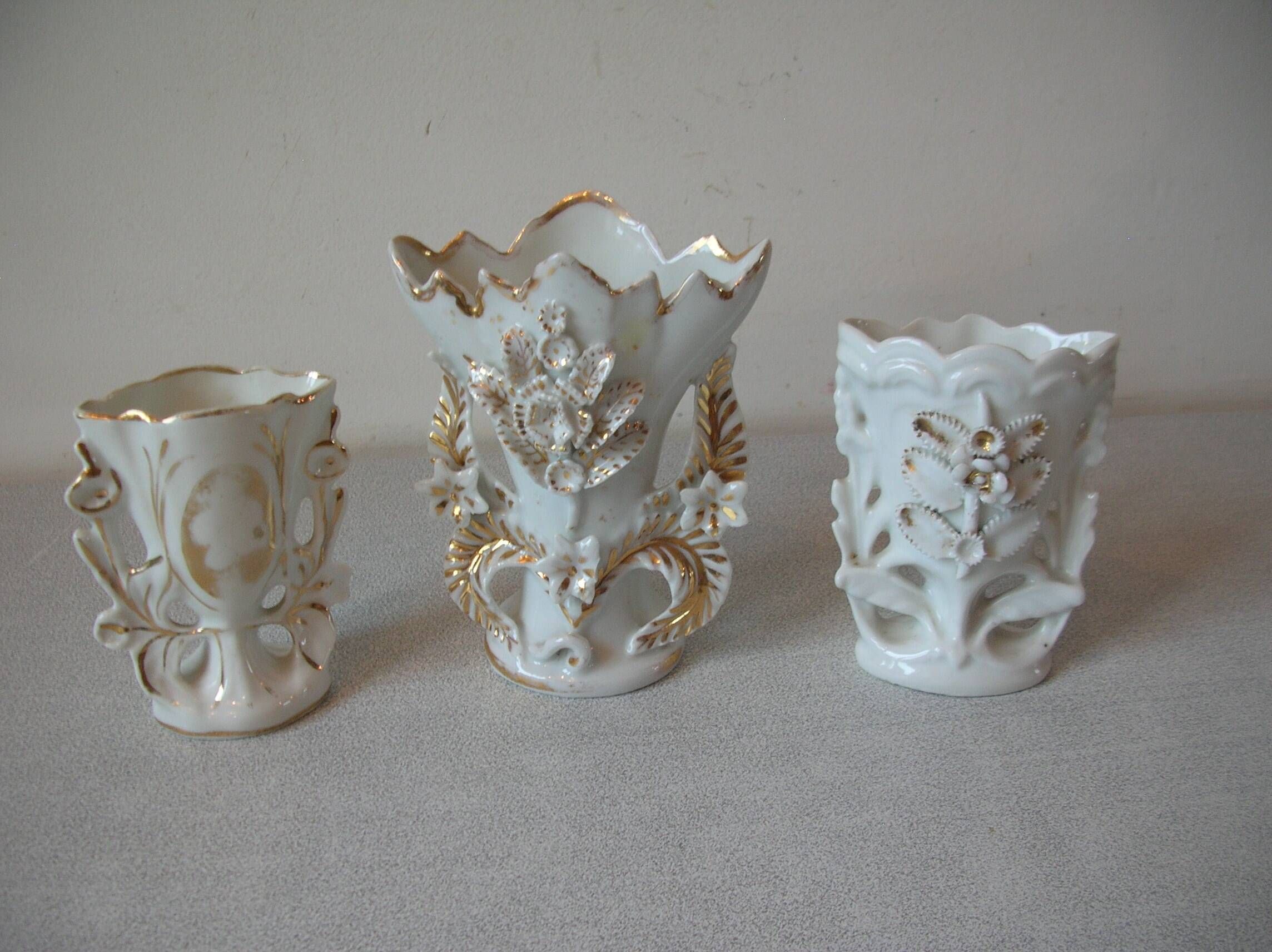 Set of 3 old small wedding communion baptism vases in white gold porcelain