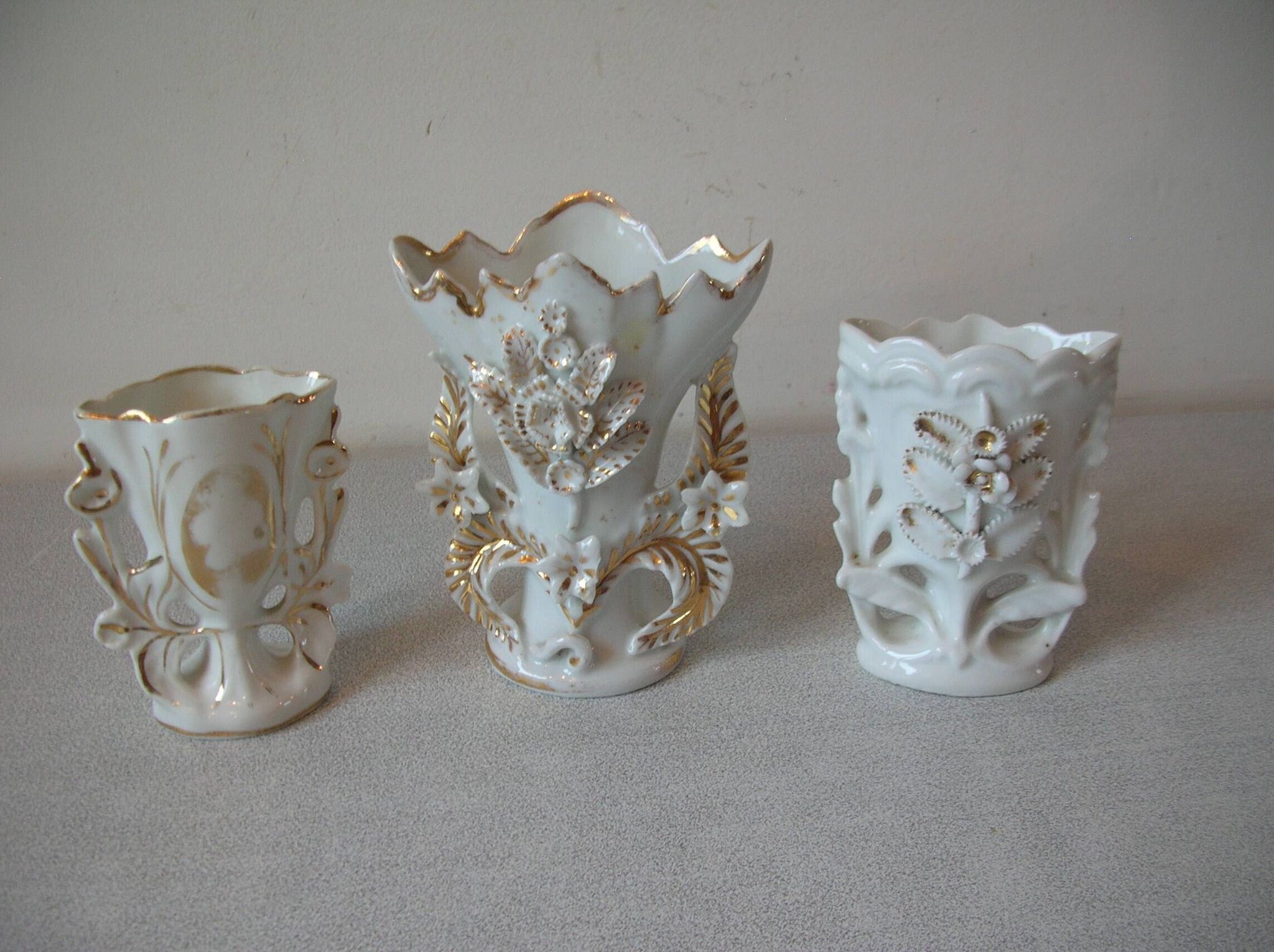 Set of 3 old small wedding communion baptism vases in white gold porcelain